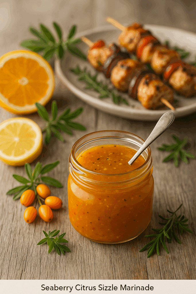 Jar of Seaberry Citrus Sizzle Marinade with citrus, seaberries, and grilled skewers on a rustic table