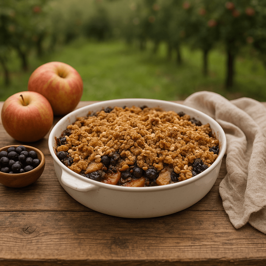 Freshly baked Aronia Apple Crisp in a white ceramic dish with apples and aronia berries, set on a rustic wooden table outdoors.