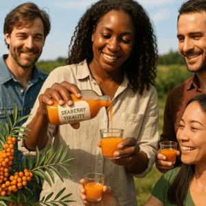 Friends gather on the farm to enjoy Seaberry Vitality Syrup — a bright, wellness-focused syrup made with seaberries and citrus.