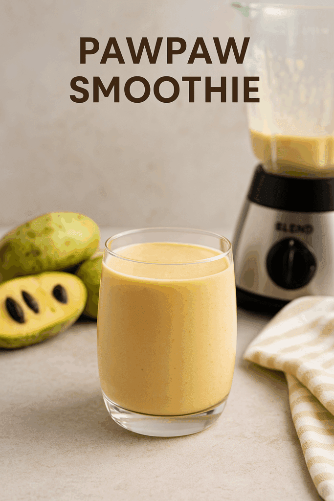 A creamy pawpaw smoothie being poured into a glass on a kitchen countertop, with a blender, ripe pawpaw fruit, and a cozy fall backdrop.