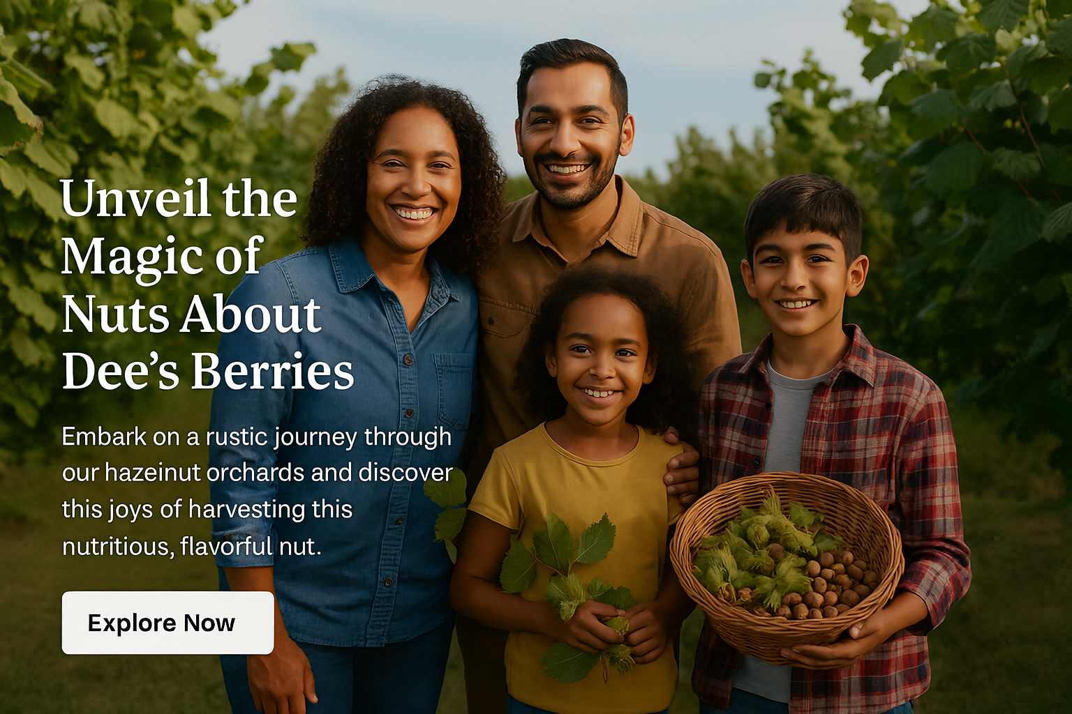 Family smiling in a hazelnut orchard holding a basket of freshly harvested nuts at Nuts About Dee’s Berries in Brodhead, Wisconsin.