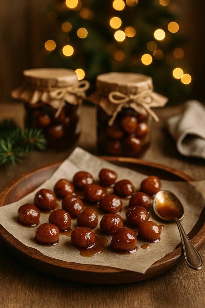 Candied chestnuts glistening on parchment paper with jars and fairy lights in the background.