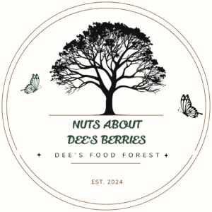 Logo of Nuts About Dee’s Berries U-Pick farm, featuring a chestnut tree and butterflies, representing sustainable farming and family experiences in Southern Wisconsin.