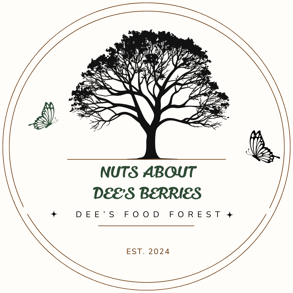 Logo of Nuts About Dee’s Berries U-Pick farm, featuring a chestnut tree and butterflies, representing sustainable farming and family experiences in Southern Wisconsin.