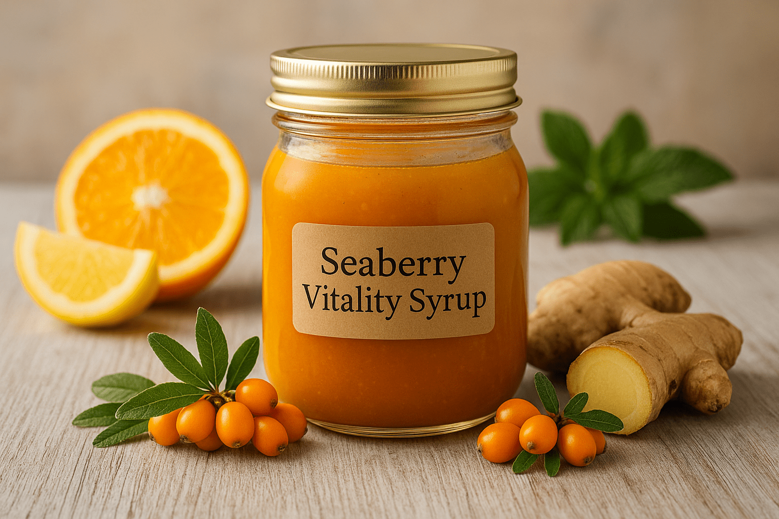 Jar of Seaberry Vitality Syrup with fresh ginger, citrus, and seaberries on a rustic table