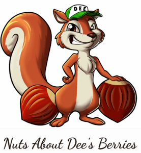 Nuts About Dee’s Berries farm logo with squirrel mascot holding Chestnuts