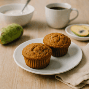 Golden, moist pawpaw muffins made with ripe American pawpaw — shown here cooling on a wooden board beside freshly picked fruit from the orchard.