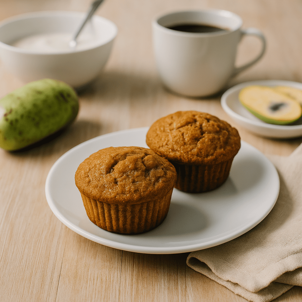 Two freshly baked pawpaw muffins on a wooden board, with ripe American pawpaws beside them and soft morning light highlighting the rustic setting.