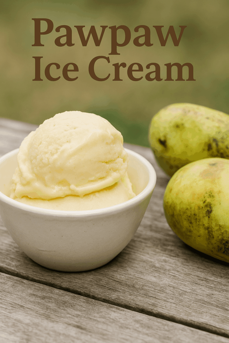 A scoop of homemade pawpaw ice cream in a small bowl on a rustic wooden surface, with ripe American pawpaws beside it and a soft-focus farmhouse background.