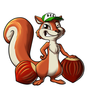 Mascot squirrel Dee holding chestnuts for Nuts About Dee’s Berries farm