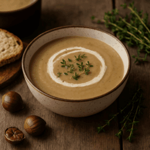 A comforting bowl of Chestnut Soup from Dee’s Nutz and Berries—earthy, smooth, and perfect for cool weather meals.