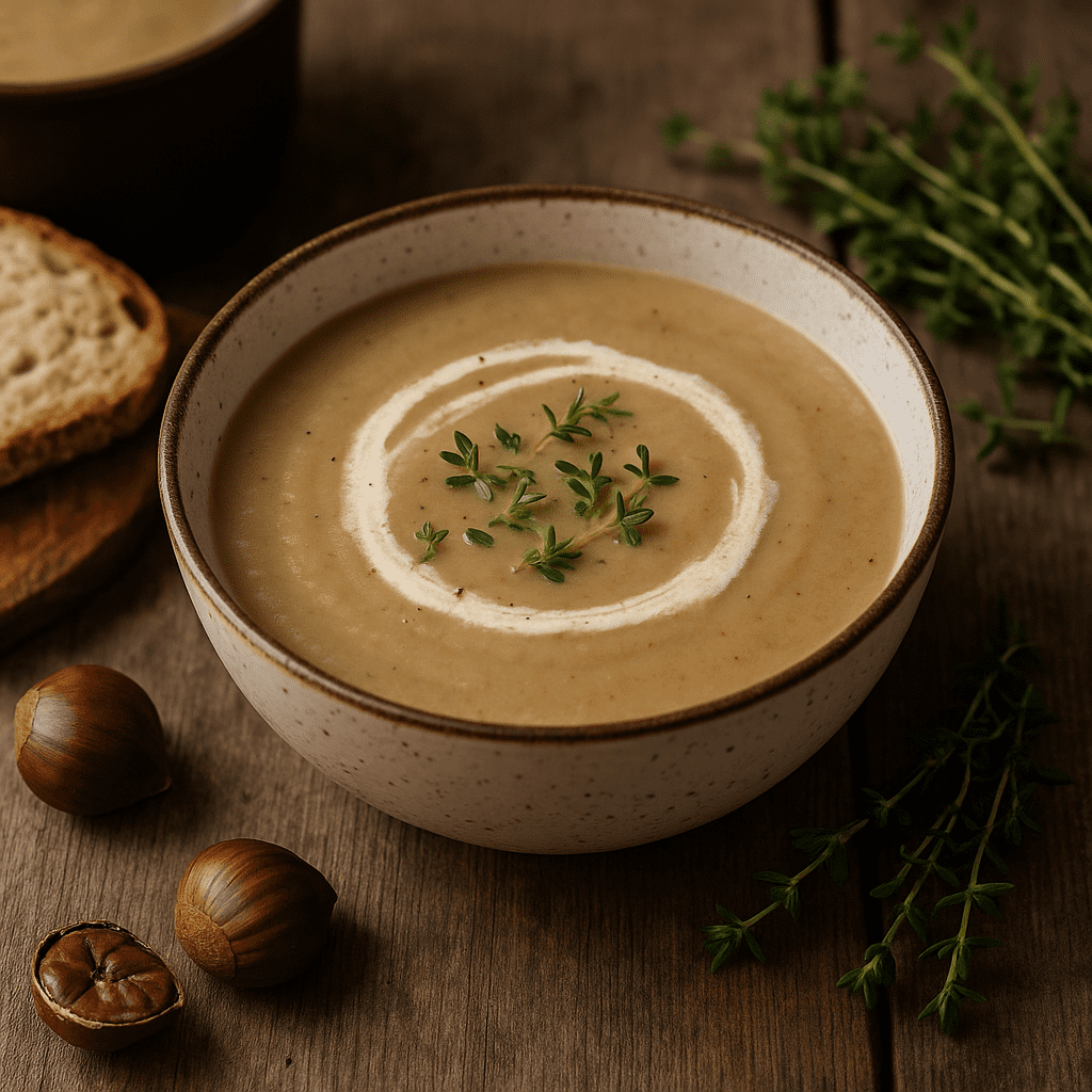 A bowl of creamy chestnut soup topped with a swirl of cream and fresh thyme on a rustic wooden table.