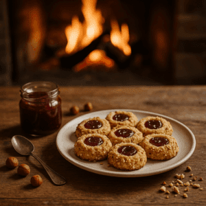 Buttery Hazelnut Cookies filled with jam, served warm and cozy near the hearth at Dee’s Nutz and Berries.