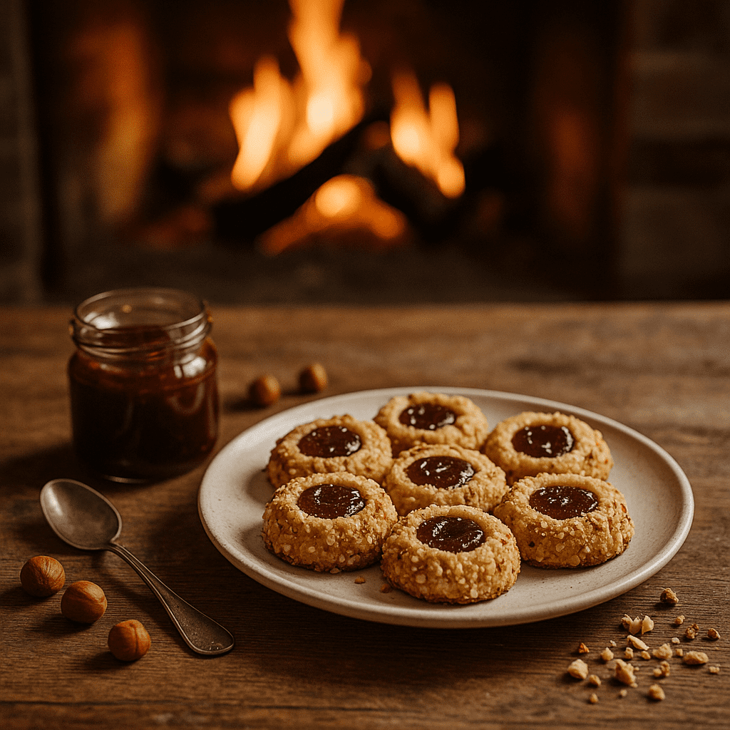 A plate of hazelnut cookies with jam centers set on a rustic table in front of a glowing fireplace.