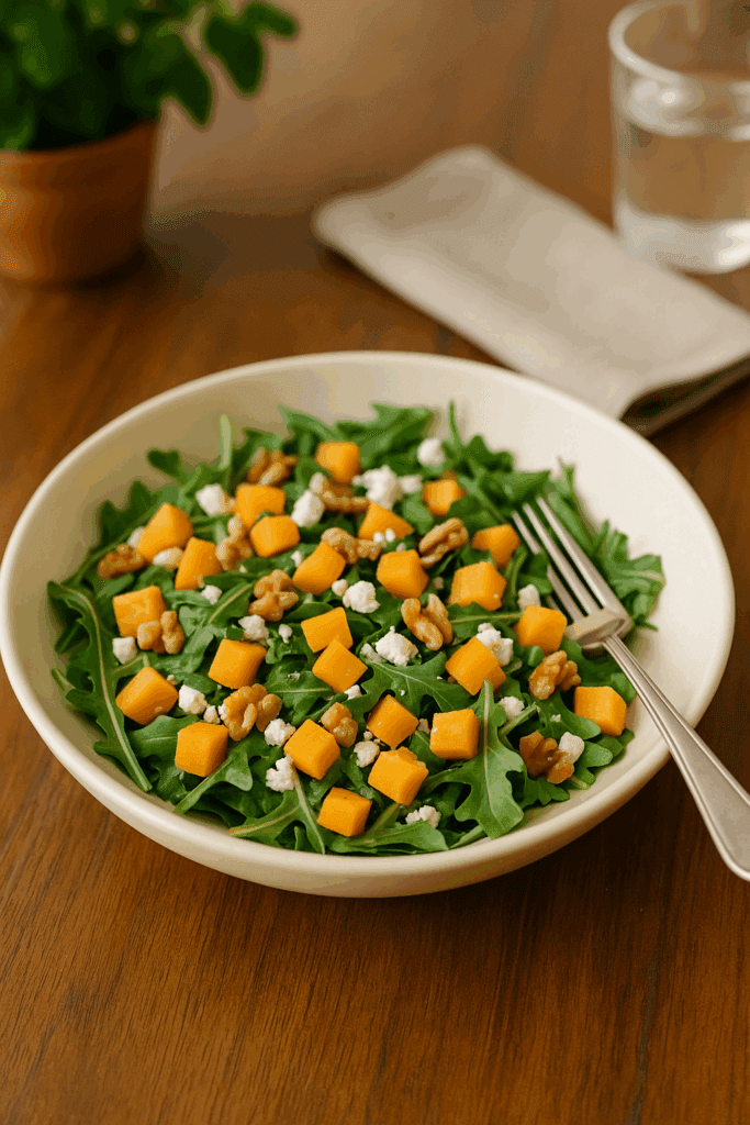 A fresh persimmon and arugula salad with diced persimmons, crumbled goat cheese, toasted walnuts, and citrus vinaigrette served in a family-style bowl.