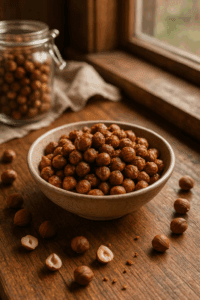 Crunchy, seasoned Roasted Hazelnuts in a cozy farmhouse setting at Dee’s Nutz and Berries.