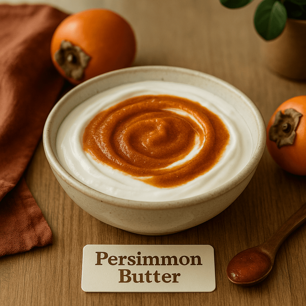 A swirl of golden-orange persimmon butter blended into creamy yogurt, topped with sliced persimmons and a sprinkle of granola.