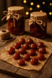 Homemade Marron Glacé candied chestnuts, dried on parchment and ready for gifting from Dee’s Nutz and Berries.