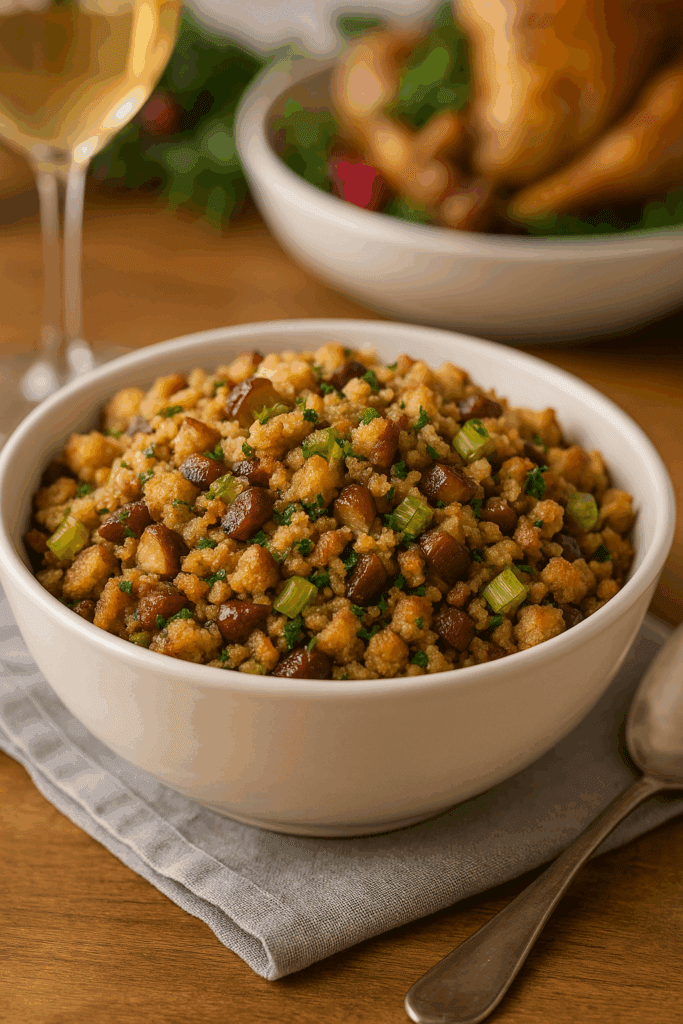 A serving bowl filled with chestnut stuffing made from chopped chestnuts, toasted bread, and fresh herbs, styled on a festive holiday table.