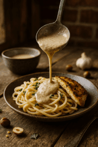 Rich Hazelnut Cream Sauce poured over pasta and grilled chicken—a savory farmhouse recipe from Dee’s Nutz and Berries.