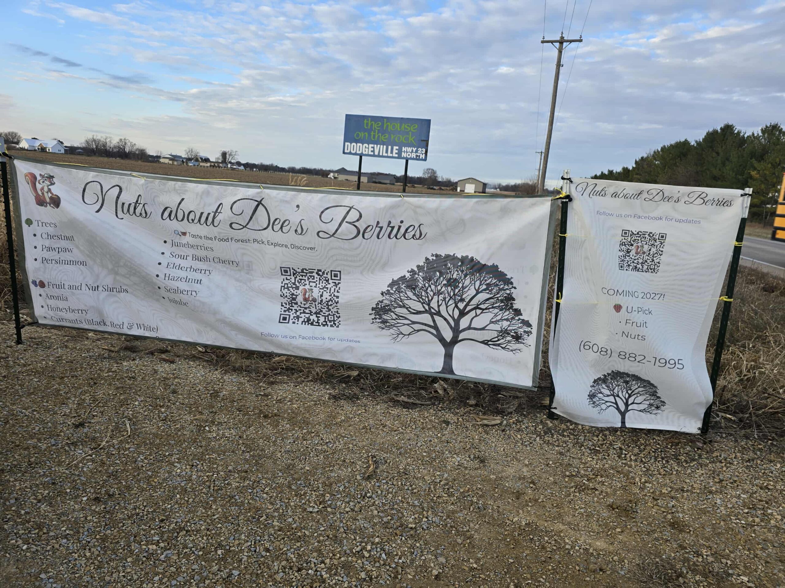 Nuts About Dee’s Berries farm sign installed along Highway 104 in Brodhead, Wisconsin