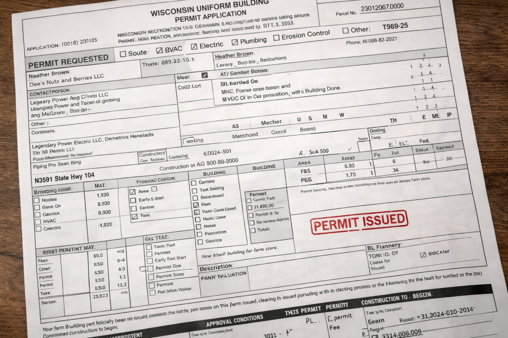 Farm building permit issued for Nuts About Dee’s Berries showing Wisconsin Uniform Building Permit approval