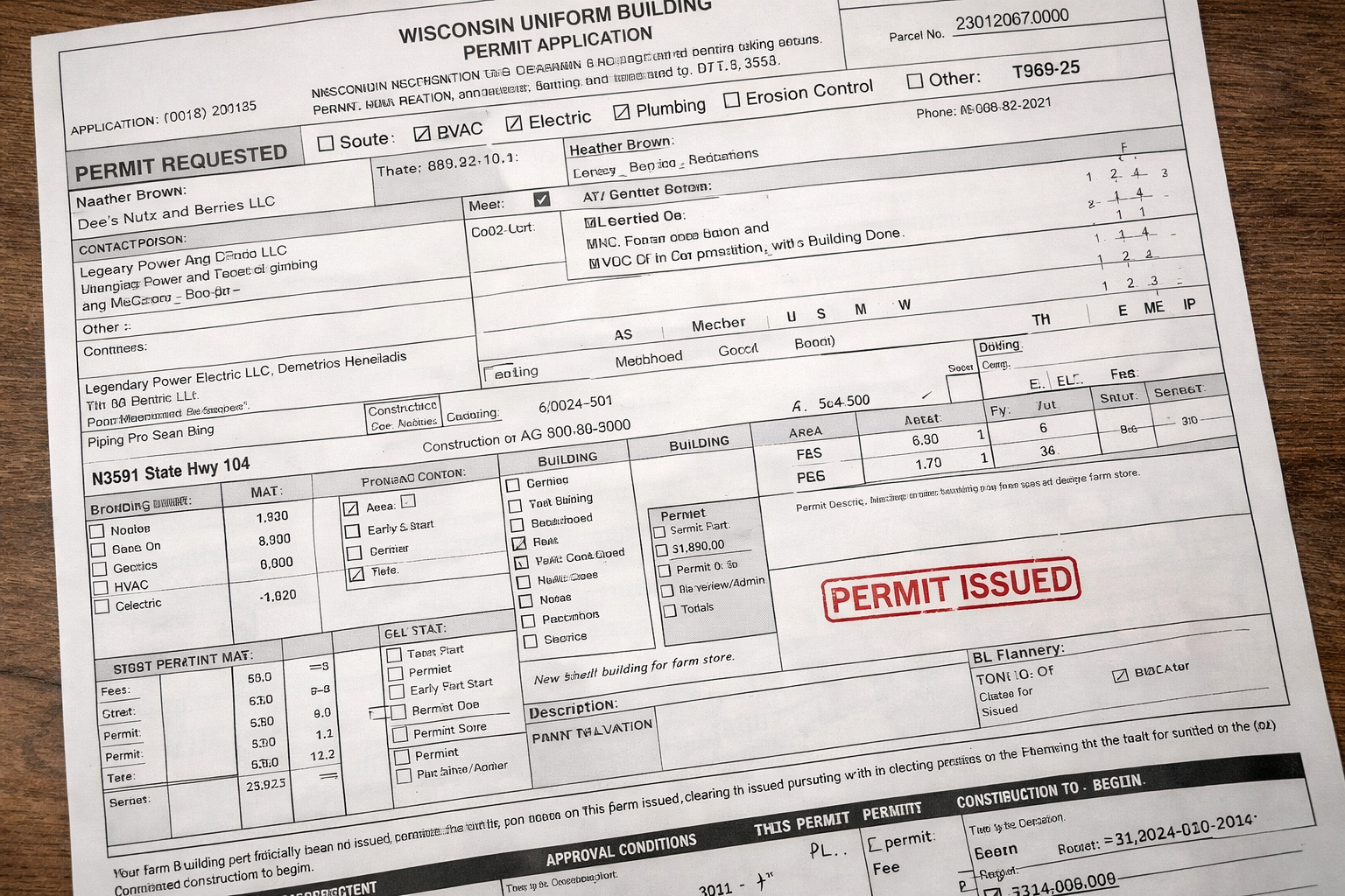 Farm building permit issued for Nuts About Dee’s Berries showing Wisconsin Uniform Building Permit approval