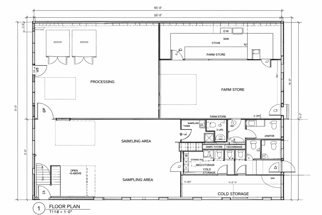Interior floor plan of the state-approved farm building at Nuts About Dee’s Berries showing processing areas, farm store, kitchen, storage, and public facilities.