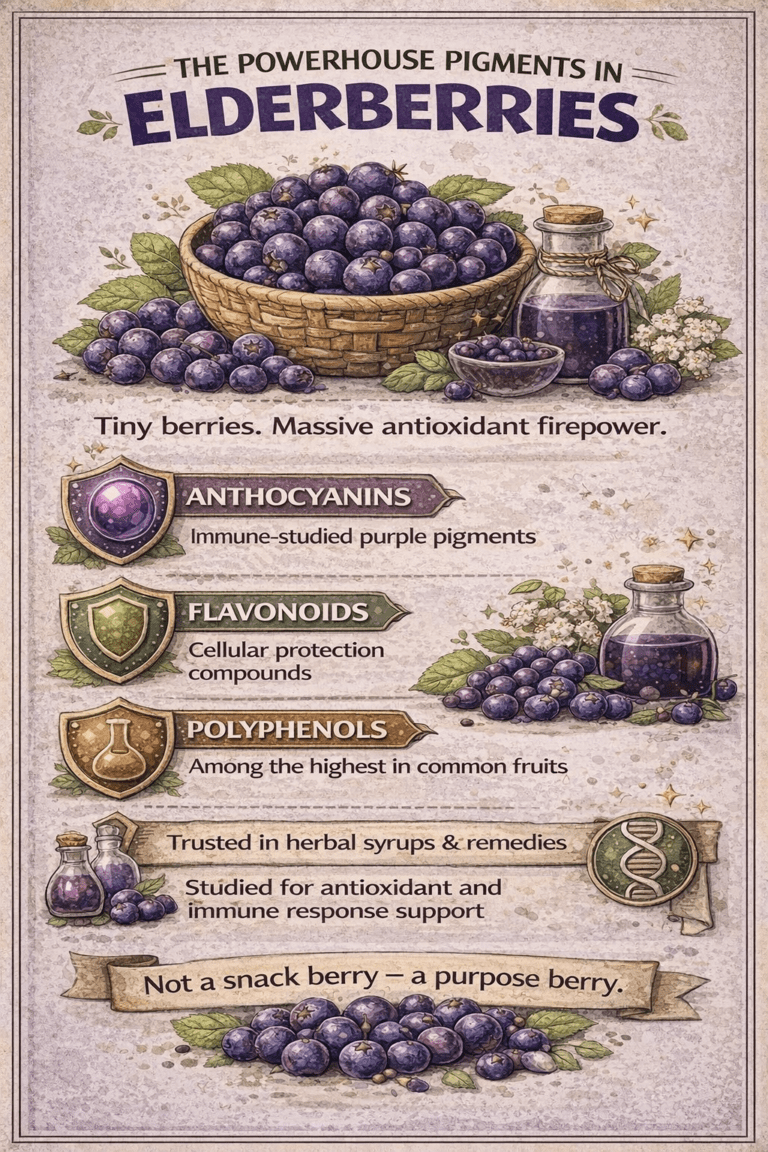 Infographic showing antioxidant and immune-support compounds found in American elderberries grown in Brodhead, Wisconsin