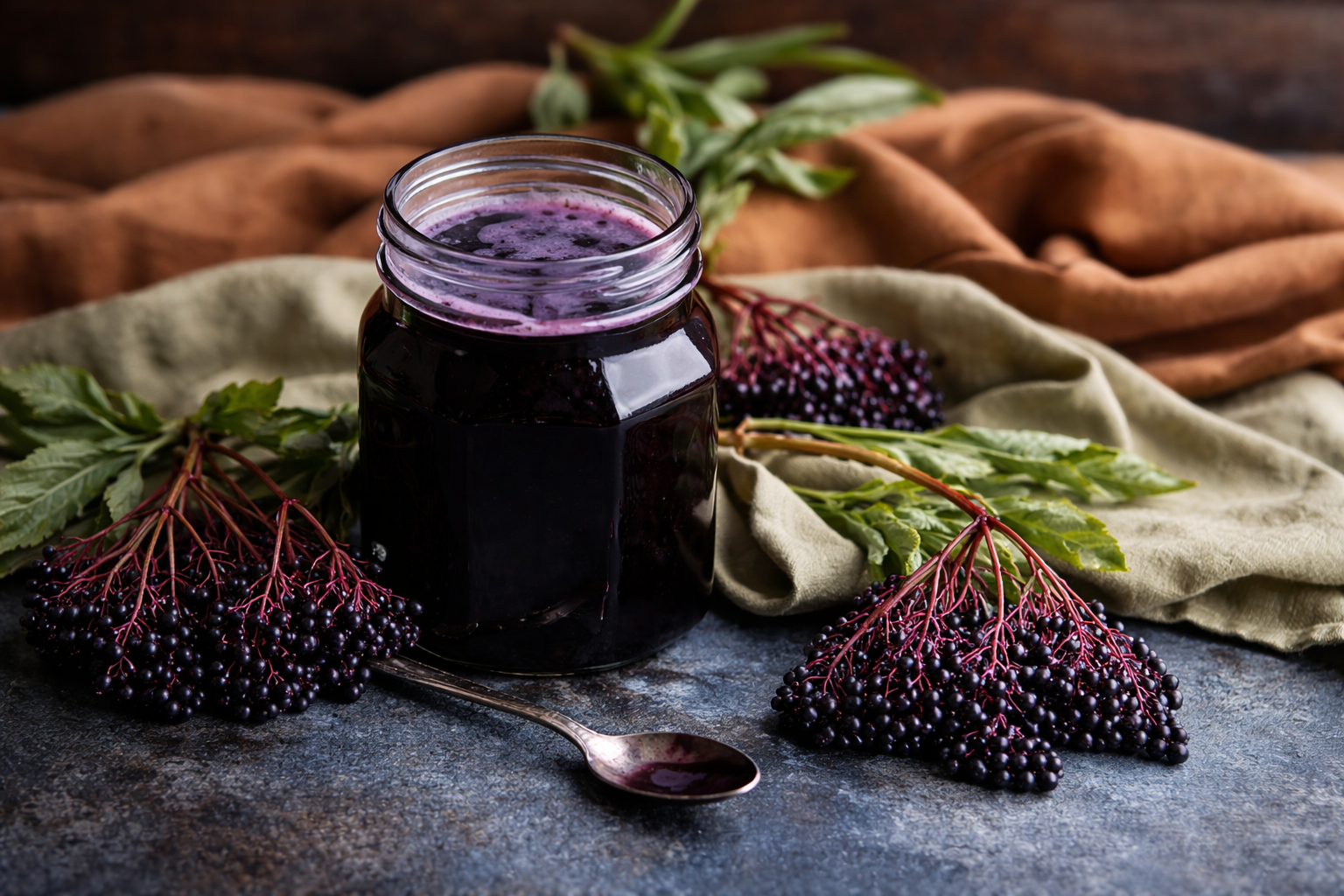 American elderberry syrup made from fresh elderberry clusters harvested at a U-pick farm in Brodhead Wisconsin