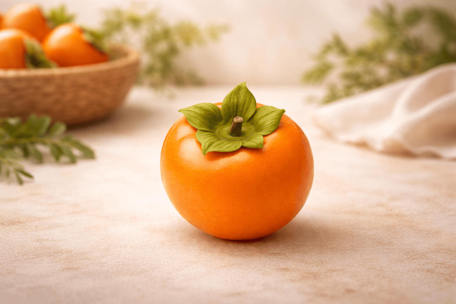 Ripe American persimmon with bright orange skin and green calyx, showcasing the fruit’s natural nutrients and health benefits