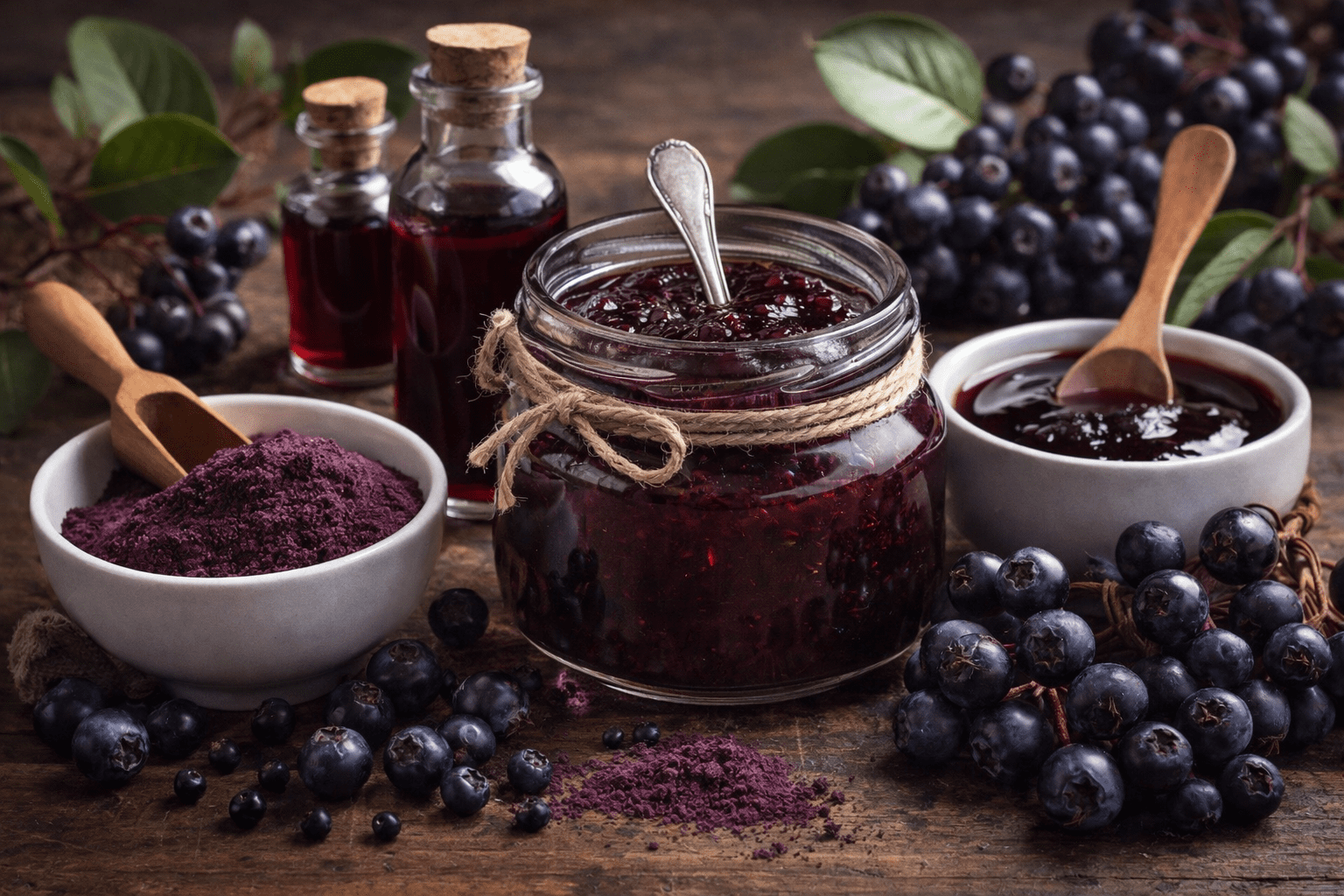 Aronia berry powder, extract, and preserves displayed with fresh chokeberries