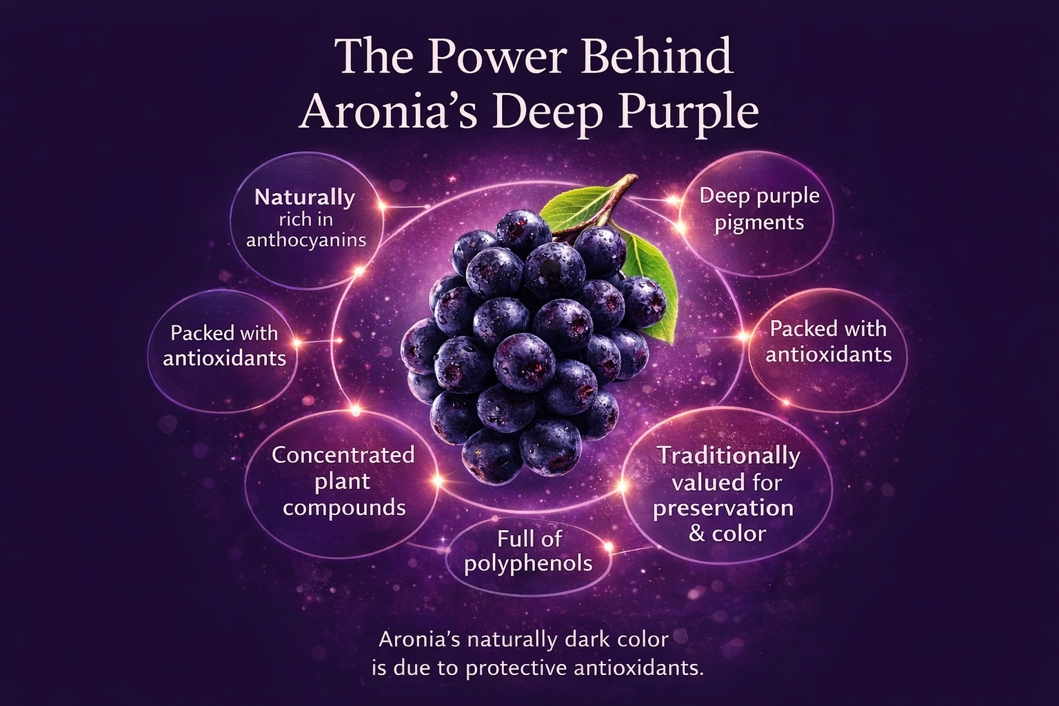 Infographic showing aronia berries and the natural plant compounds behind their deep purple color