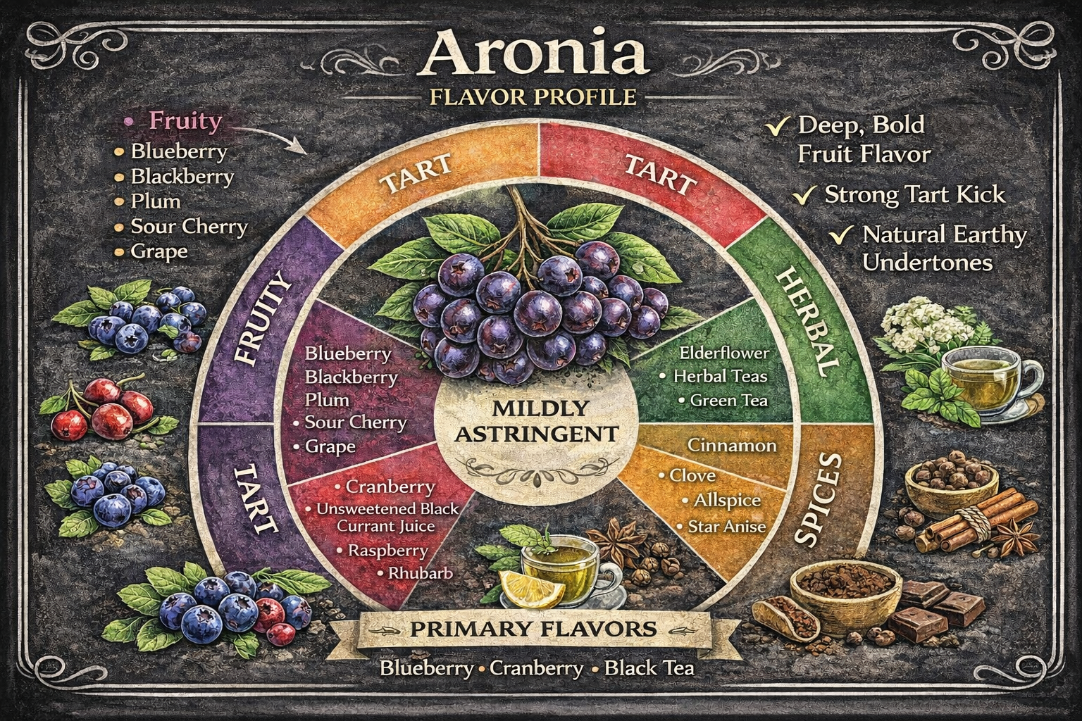 Flavor profile wheel of aronia berries showing fruity, tart, herbal, spice, and earthy flavor notes with recommended pairings like blueberry, cranberry, black tea, cinnamon, and clove