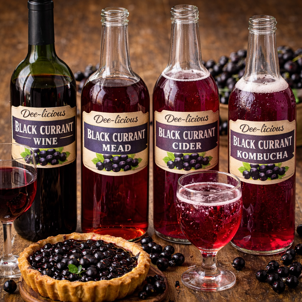 Dee-licious black currant wine, mead, cider, and kombucha with deep purple hues
