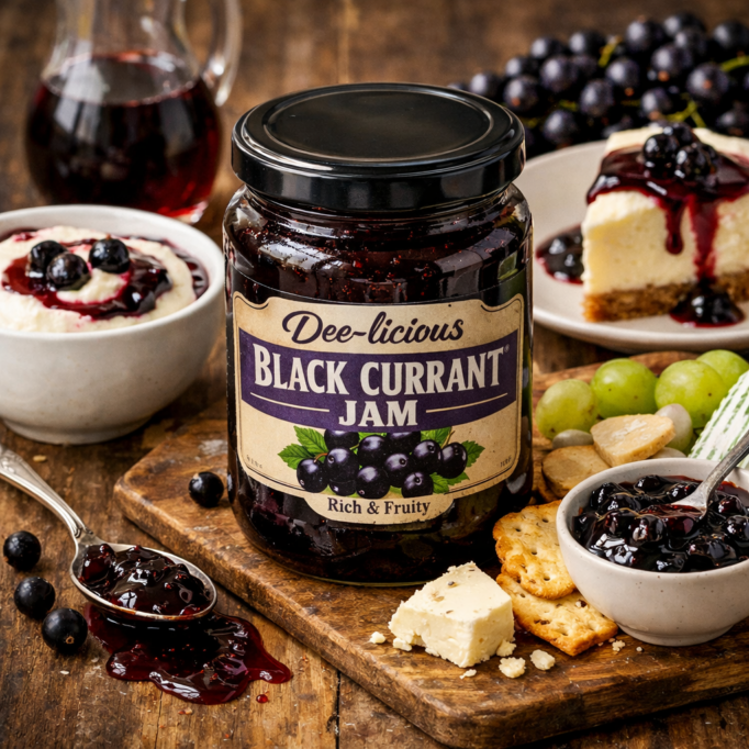 Dee-licious black currant jam served with yogurt, cheesecake, and a cheese board pairing