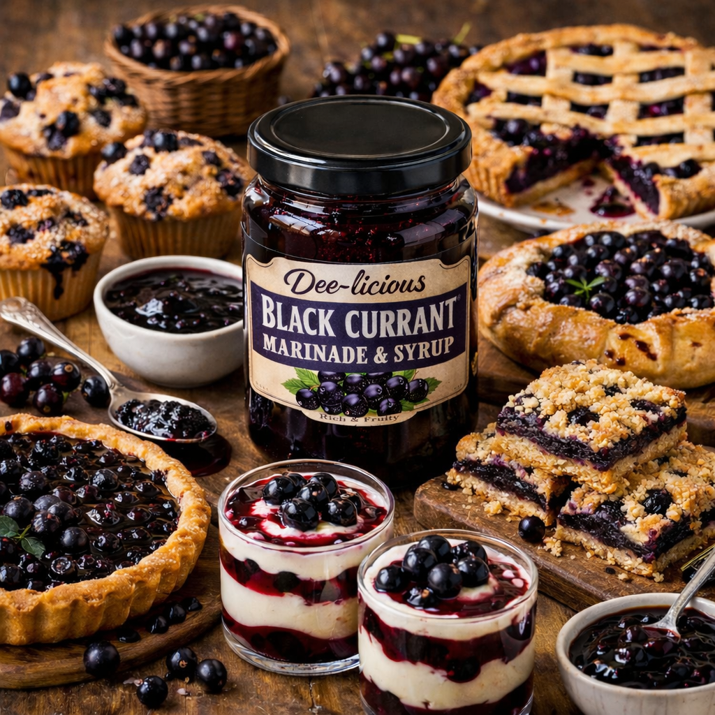 Dee-licious black currant marinade and syrup surrounded by baked desserts, tarts, muffins, and layered sweets