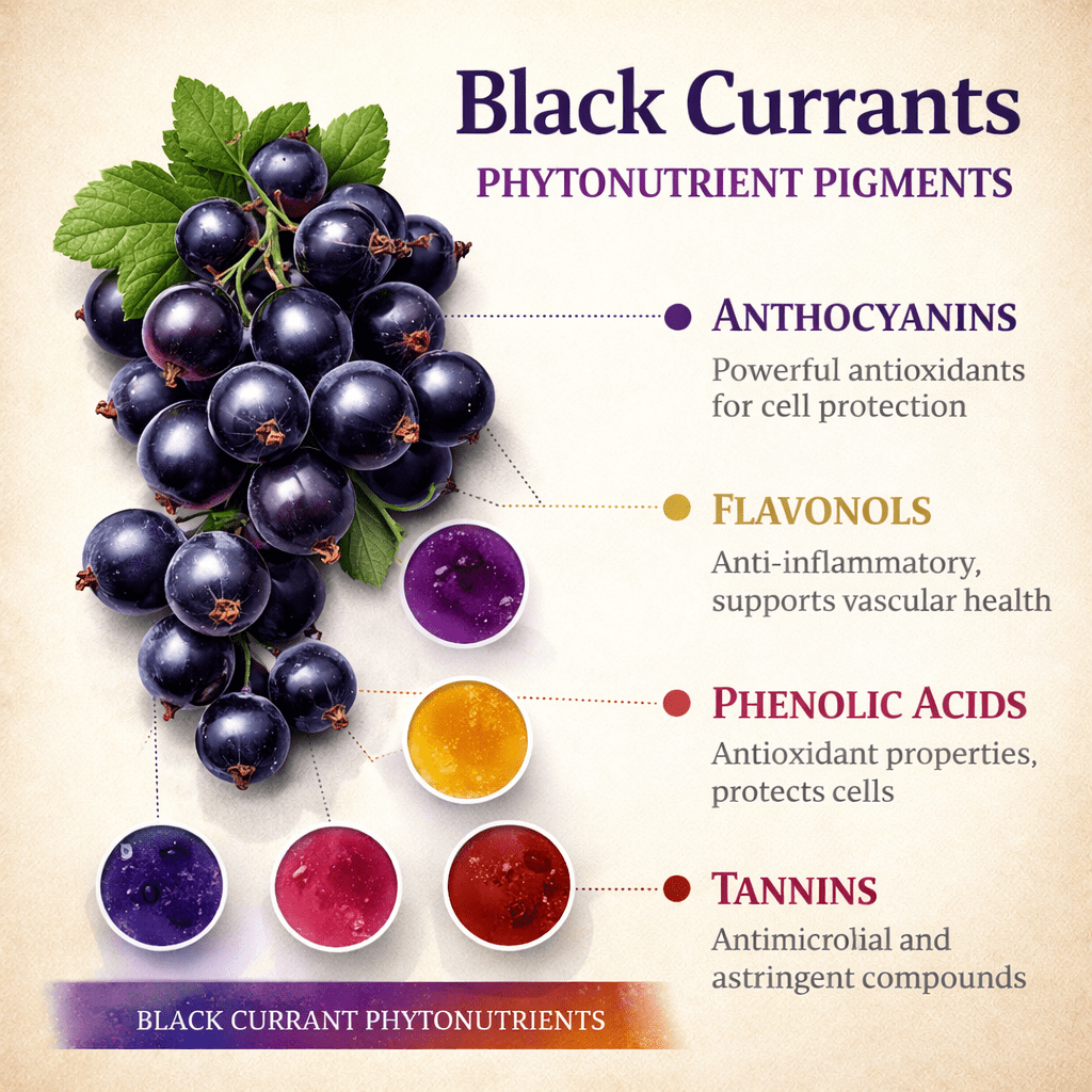 Infographic showing black currant phytonutrient pigments including anthocyanins, flavonols, phenolic acids, and tannins