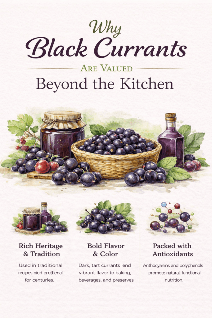 Illustration showing fresh black currants alongside preserves and specialty beverages, highlighting why black currants are valued beyond the kitchen for flavor, tradition, and nutrition.