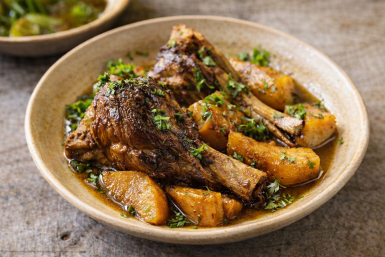 Braised lamb served with caramelized quince, showcasing savory ways to cook fresh quince from a Wisconsin U-pick farm