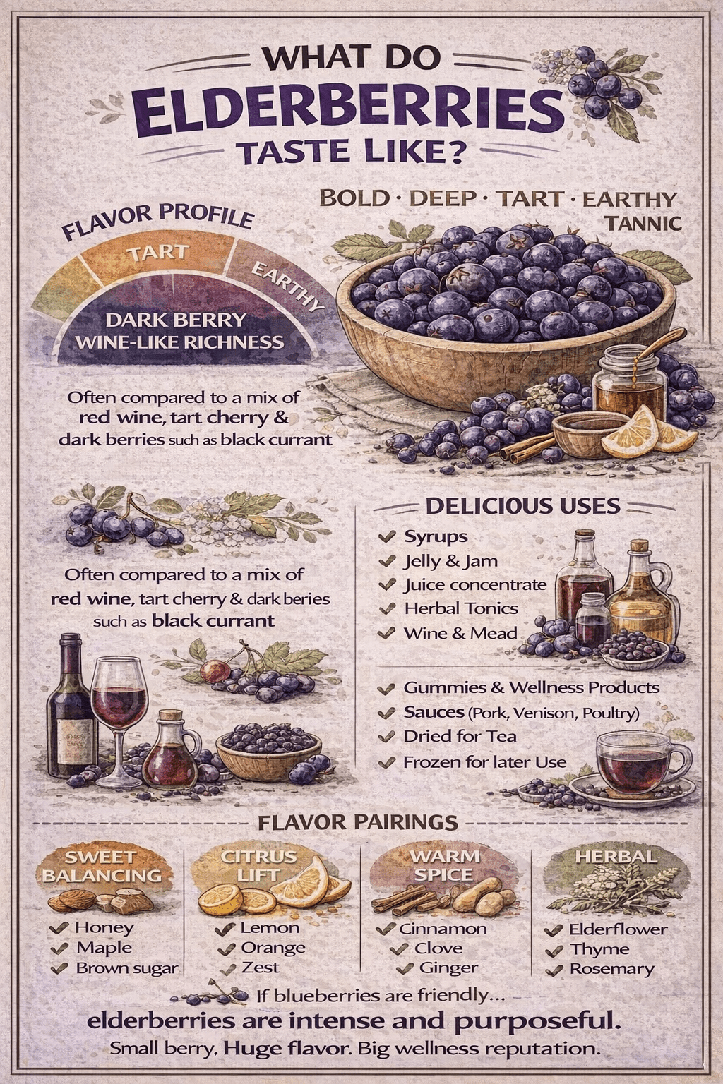 Infographic showing what elderberries taste like, flavor profile, uses, and pairings