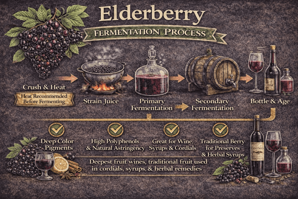 Vintage-style infographic showing elderberry fermentation process from crushing and heating berries through primary and secondary fermentation to bottling, highlighting elderberries for wine, syrup, and preserves.