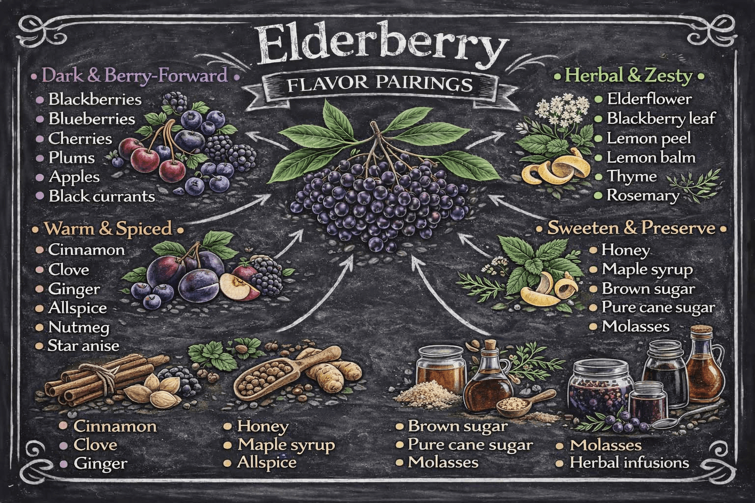 Chalkboard illustration showing flavor pairings for American elderberries grown at a U-pick farm in Green County Wisconsin