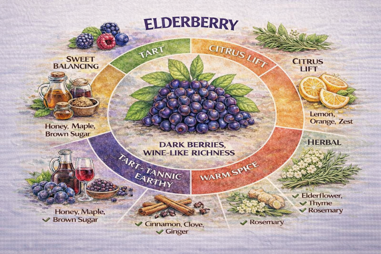 Flavor wheel showing taste profile and pairings for American elderberries grown in Southern Wisconsin