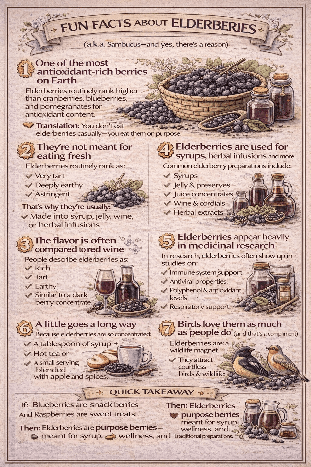 Fun facts infographic about American elderberries showing antioxidant benefits, medicinal uses, flavor profile, and wildlife value