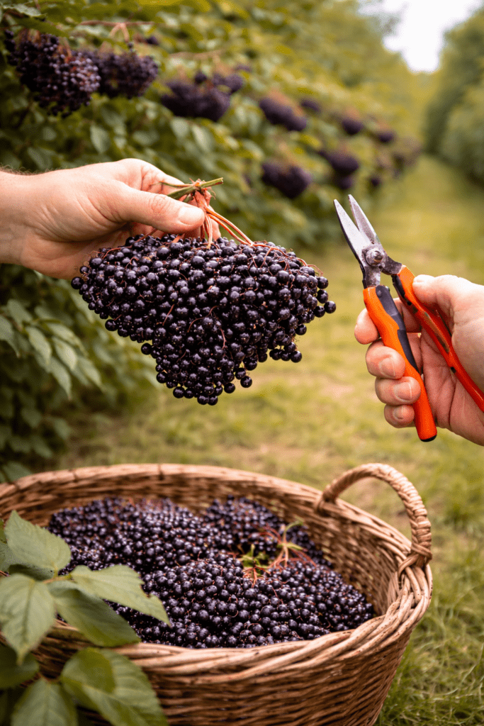 Harvesting Elderberries by the Cluster at Nuts about Dee’s Berries