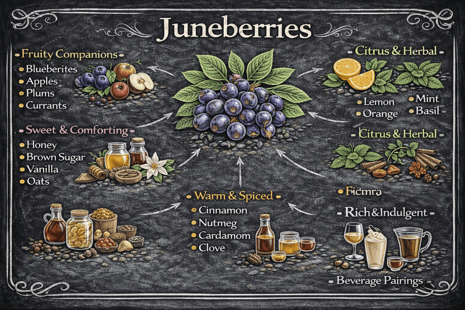 Illustration showing ripe juneberries with suggested flavor pairings, including fruits, warm spices, sweet ingredients, and beverage uses.