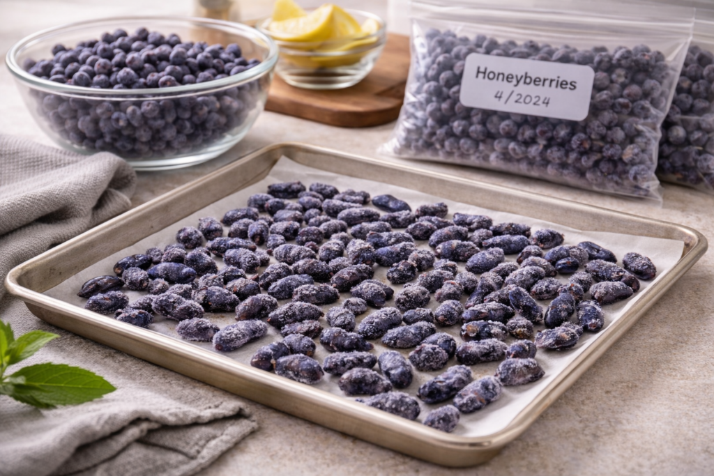 Honeyberries arranged in a single layer on a baking sheet for freezing, prepared in a home kitchen in southern Wisconsin.