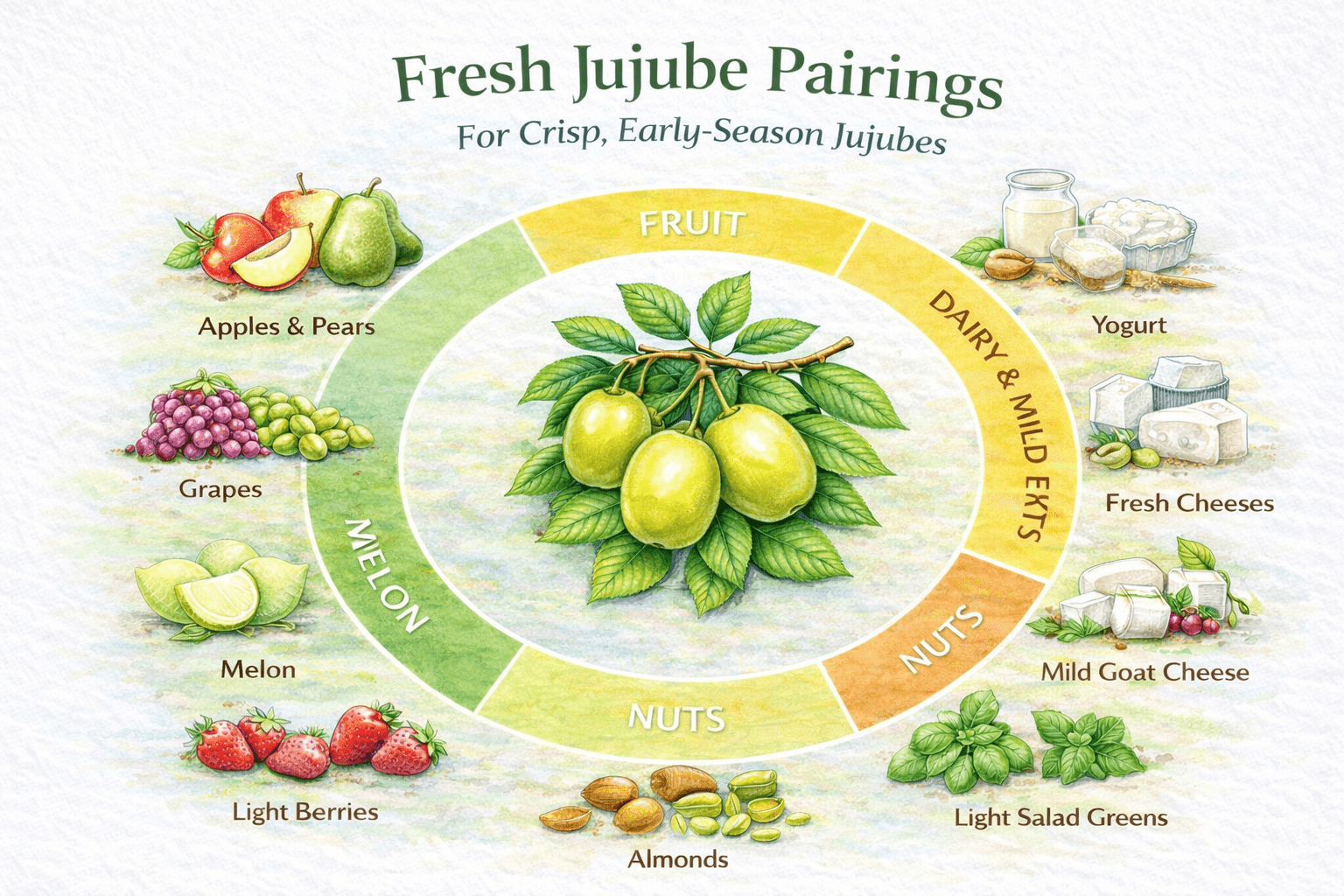 Fresh crisp jujube pairings showing early-season jujubes with apples, pears, grapes, yogurt, almonds, and light salad greens