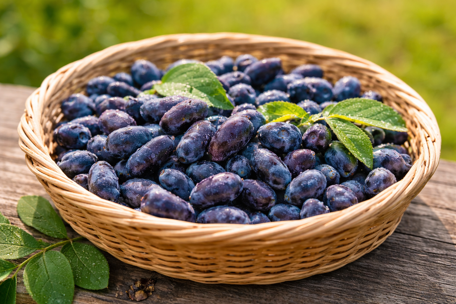 Freshly picked honeyberries in a shallow container, showing peak ripeness at a U-pick farm near Brodhead, Wisconsin